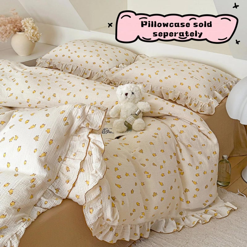 BuLuTu Cute Yellow Duck Print Duvet Cover Twin for Kids Toddler Girls Boys 100% Cotton Muslin Quilt Cover Twin  68""x86""  Ruffled Bedding Soft Breathable  Zipper Closure  No Pillowcase - Image 2